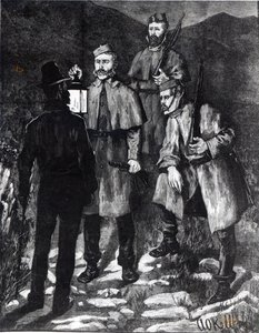 アイルランドの州：警察のパトロールは「イラストレイテッドロンドンニュース」c.1880から容疑者に異議を申し立てます 作： Aloysius C. O